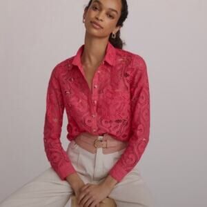 Maeve Anthropologie Pink Lace Button Down Blouse Womens Size 8 Long Sleeve Sheer